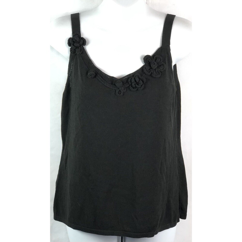 Ann Taylor Sleeveless Knit Tank Top LP Blk Crochet Flower Whimsigoth Coquette